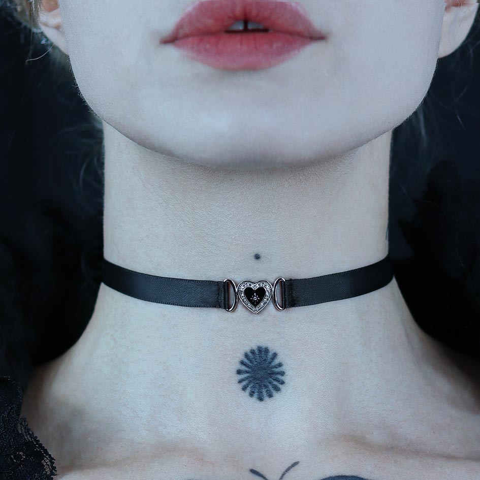 SOLEMN. Black Enamel Heart Satin Choker - Silver - Image 2