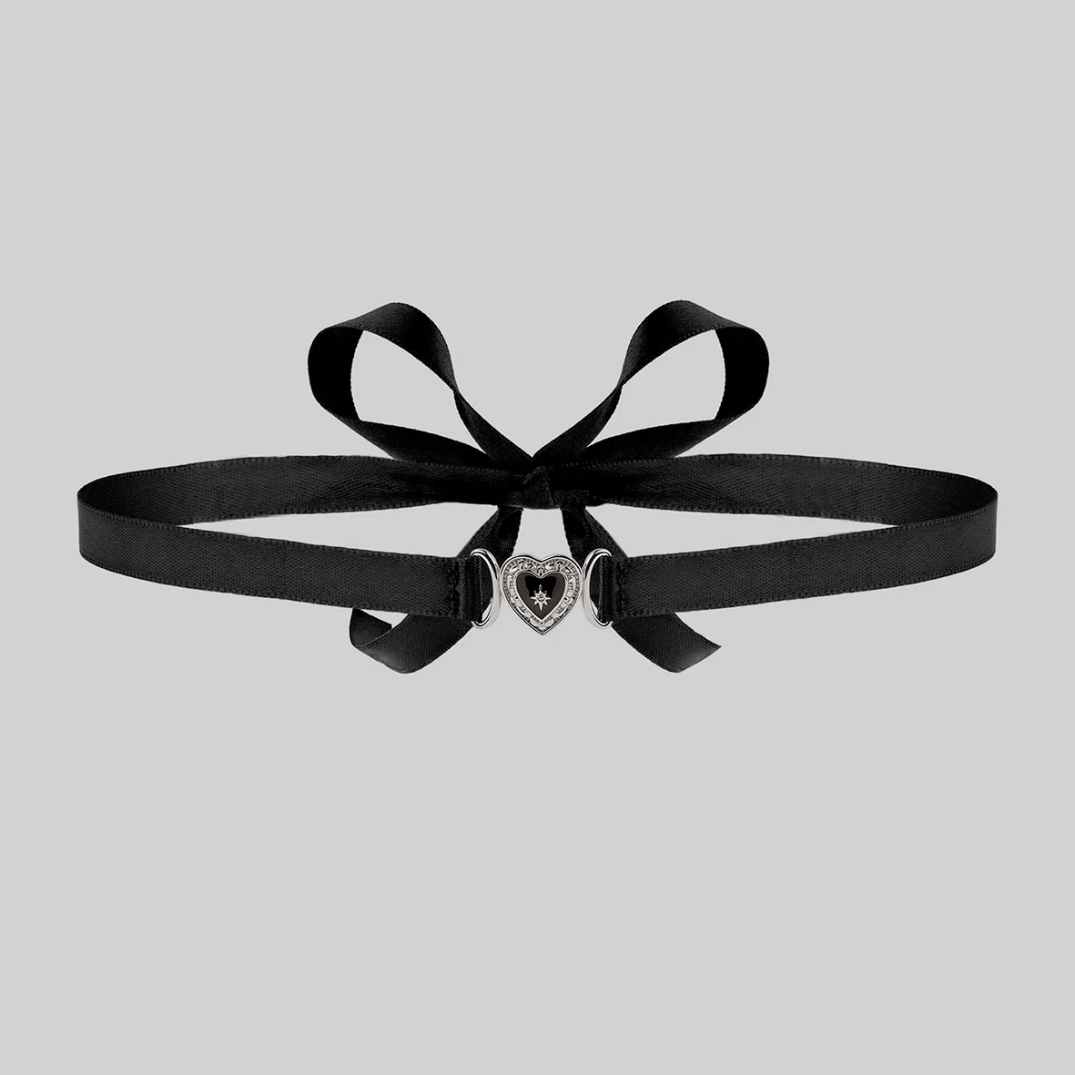 SOLEMN. Black Enamel Heart Satin Choker - Silver - Image 3