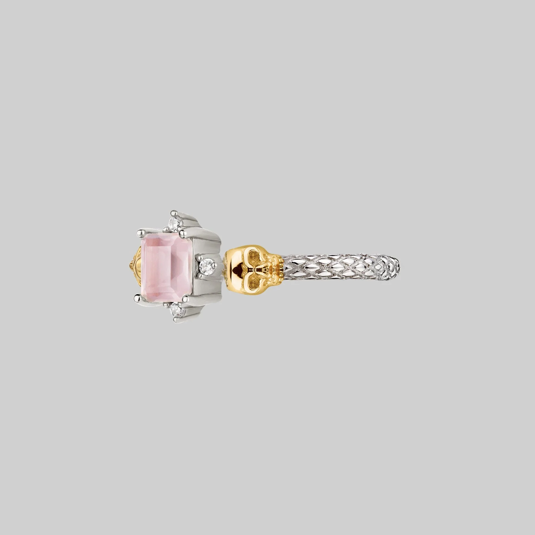 STAR CROSSED LOVERS. Rose Quartz & Skulls Ring - Silver - Image 3