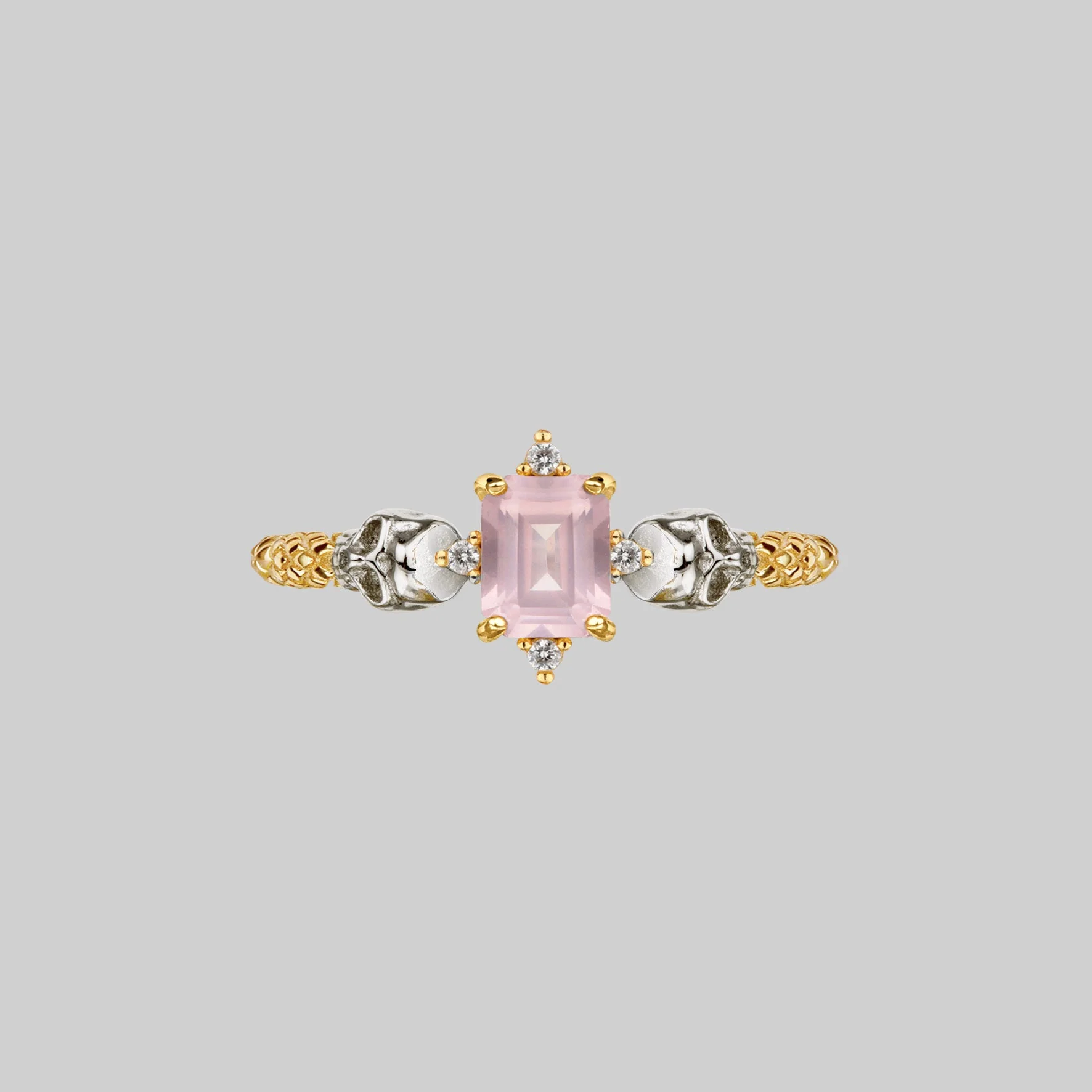 STAR CROSSED LOVERS. Rose Quartz & Skulls Ring - Gold