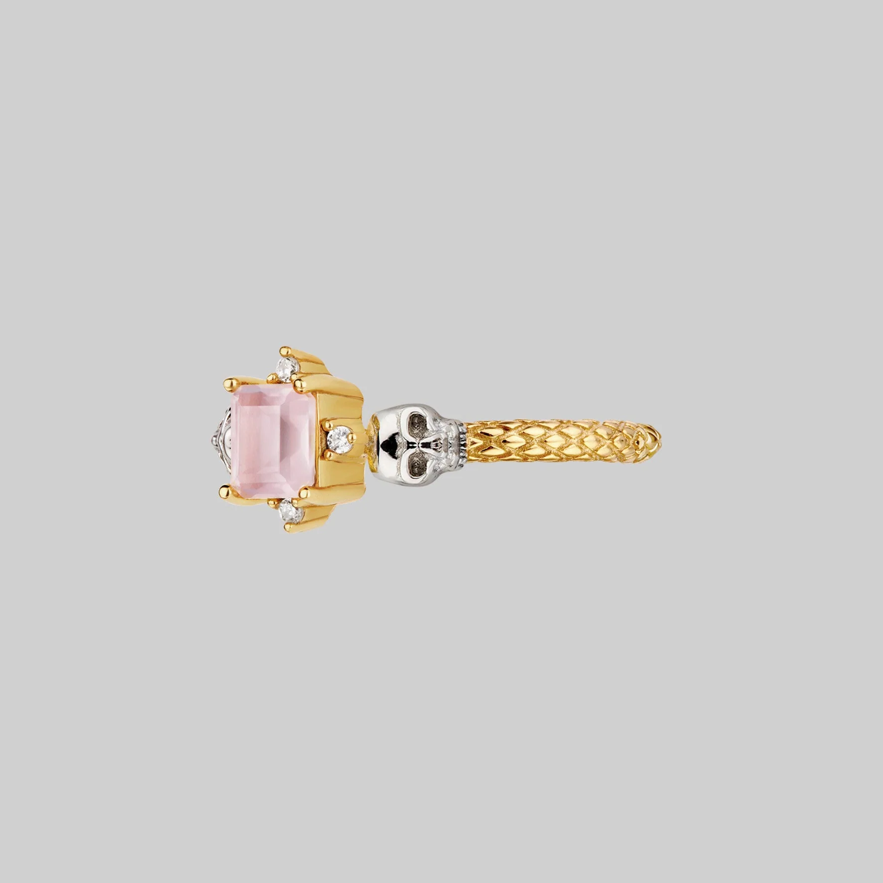 STAR CROSSED LOVERS. Rose Quartz & Skulls Ring - Gold - Image 2