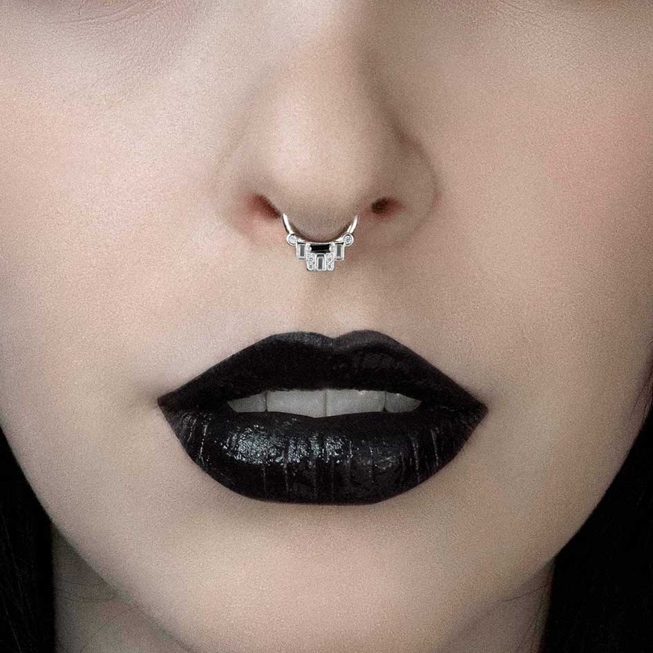 STATELY. Deco Black Spinel Septum Clicker Ring - Silver - Image 3