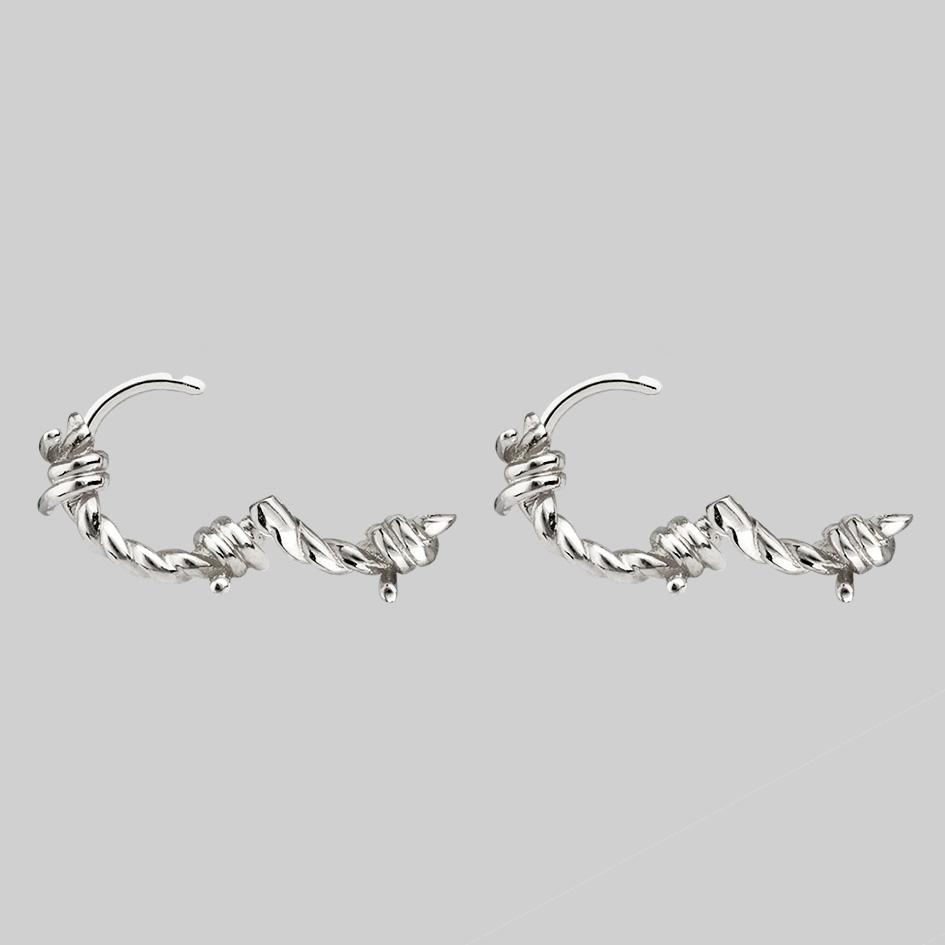 SURVIVAL. Symbolic Barbed Wire Clicker Hoop Earrings - Silver - Image 4