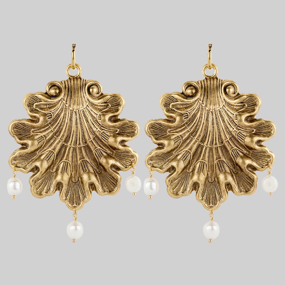 SYRENA. Ornate Seashell Pearl Hoop Earrings - Gold - Image 2