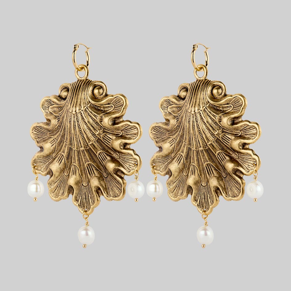 SYRENA. Ornate Seashell Pearl Hoop Earrings - Gold - Image 3