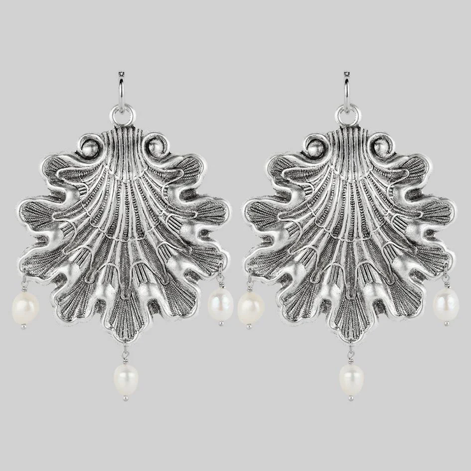 SYRENA. Ornate Seashell Pearl Hoop Earrings - Silver
