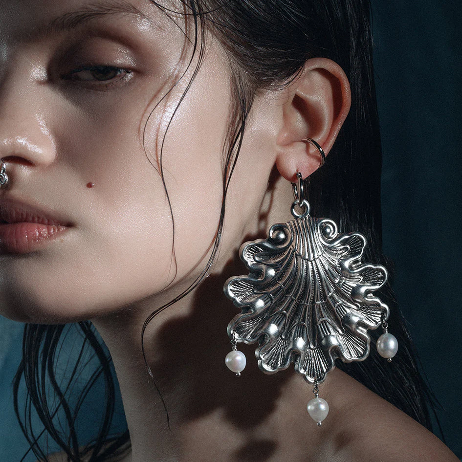 SYRENA. Ornate Seashell Pearl Hoop Earrings - Silver - Image 2