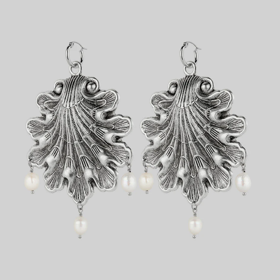 SYRENA. Ornate Seashell Pearl Hoop Earrings - Silver - Image 3
