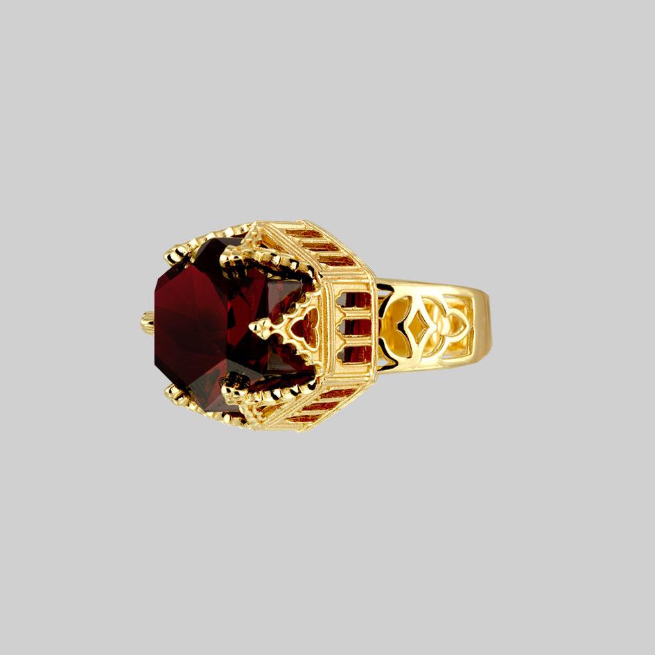 TEMPLE OF CHAMBERS. Garnet CZ Cathedral Ring - Gold - Image 3