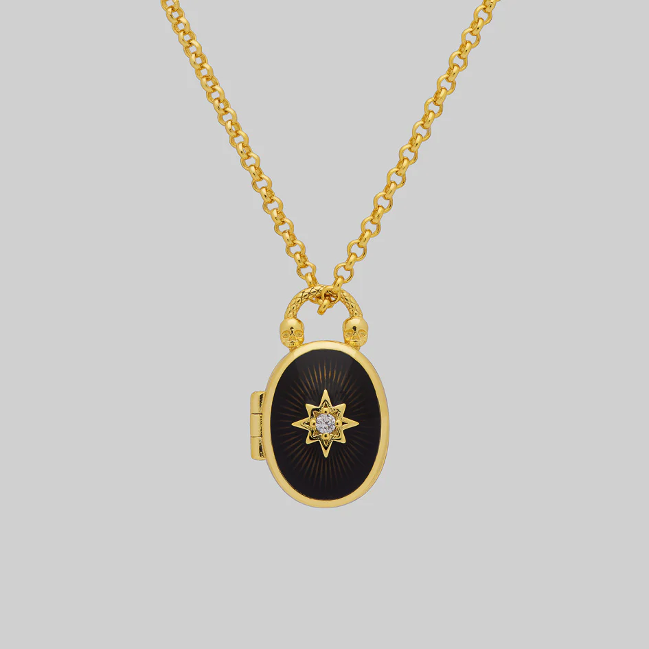 THE HEREAFTER. Black Enamel Oval Locket Necklace - Gold - Image 2