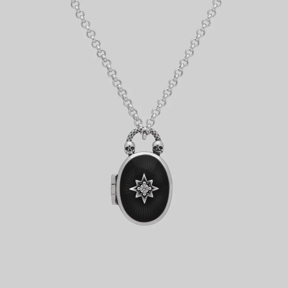 THE HEREAFTER. Black Enamel Oval Locket Necklace - Silver