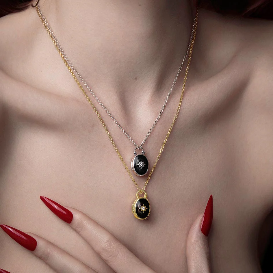 THE HEREAFTER. Black Enamel Oval Locket Necklace - Gold