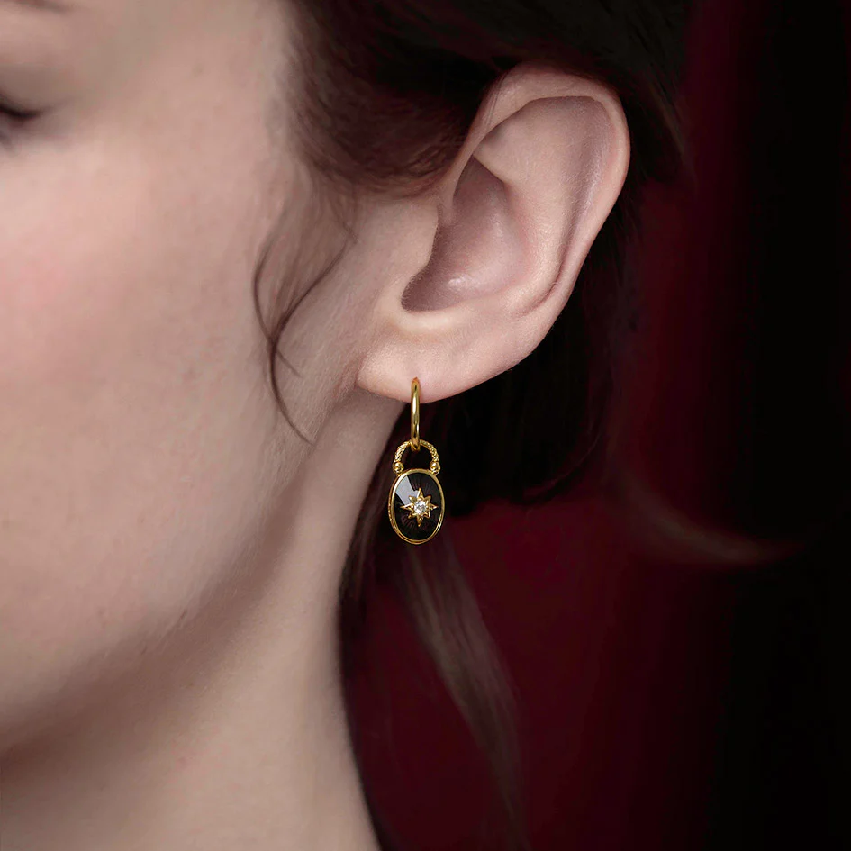THE HEREAFTER. Black Enamel Oval Padlock Style Hoop Earrings - Gold