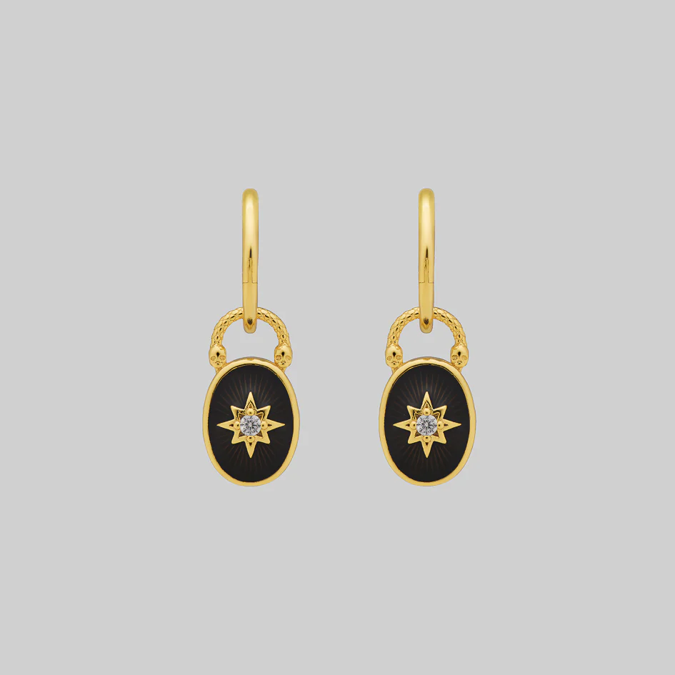 THE HEREAFTER. Black Enamel Oval Padlock Style Hoop Earrings - Gold - Image 2