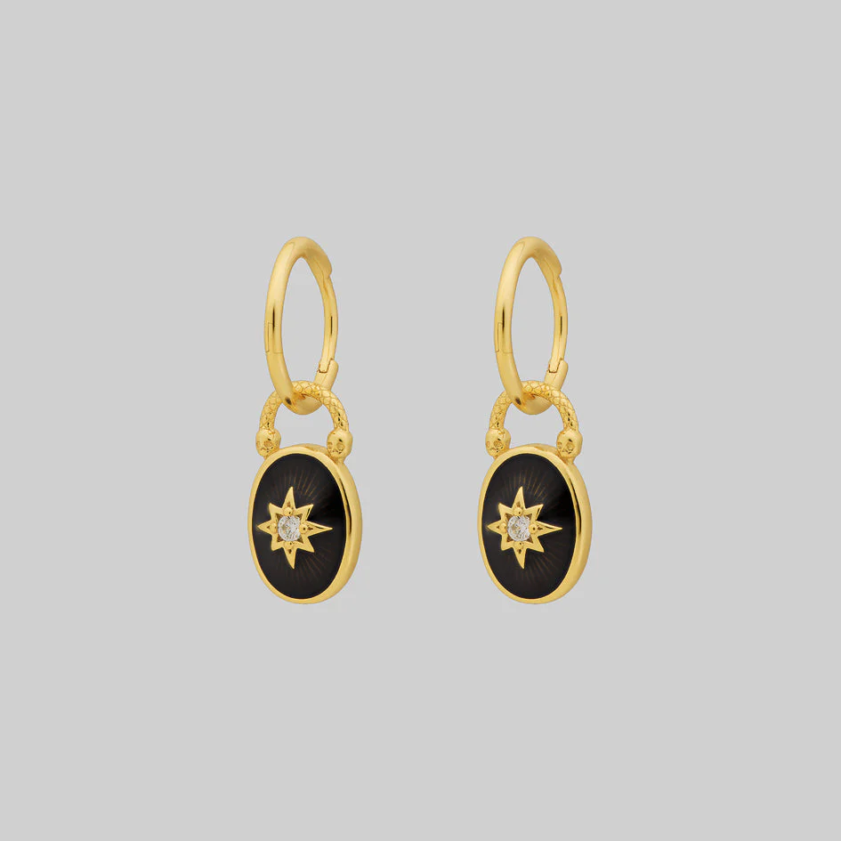 THE HEREAFTER. Black Enamel Oval Padlock Style Hoop Earrings - Gold - Image 3