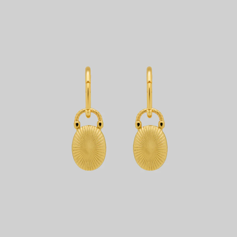 THE HEREAFTER. Black Enamel Oval Padlock Style Hoop Earrings - Gold - Image 4
