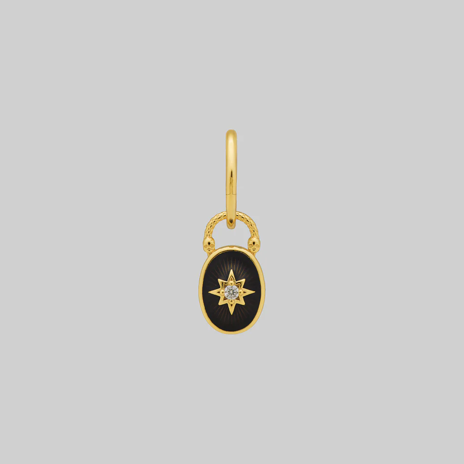 THE HEREAFTER. Black Enamel Oval Padlock Style Hoop Earrings - Gold - Image 5