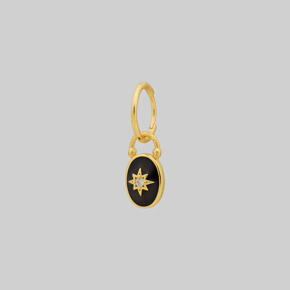 THE HEREAFTER. Black Enamel Oval Padlock Style Hoop Earrings - Gold - Image 6