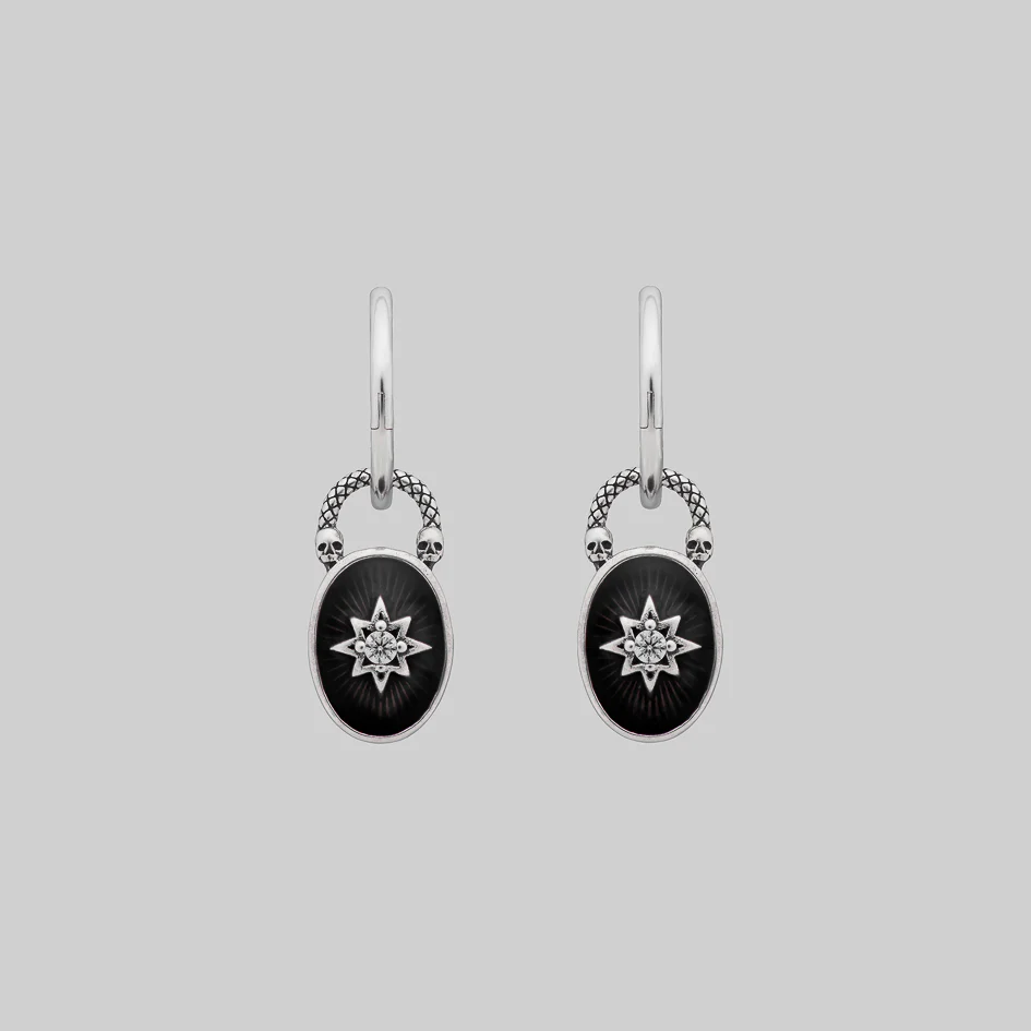 THE HEREAFTER. Black Enamel Oval Padlock Style Hoop Earrings - Silver