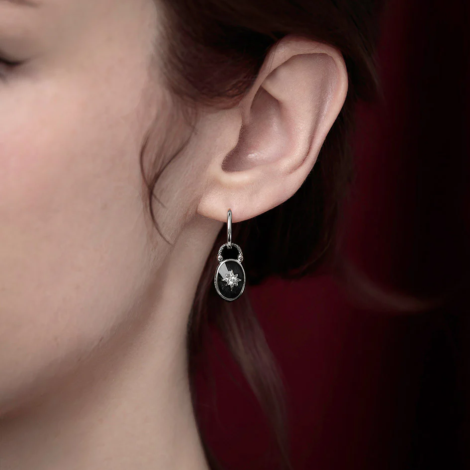 THE HEREAFTER. Black Enamel Oval Padlock Style Hoop Earrings - Silver - Image 2