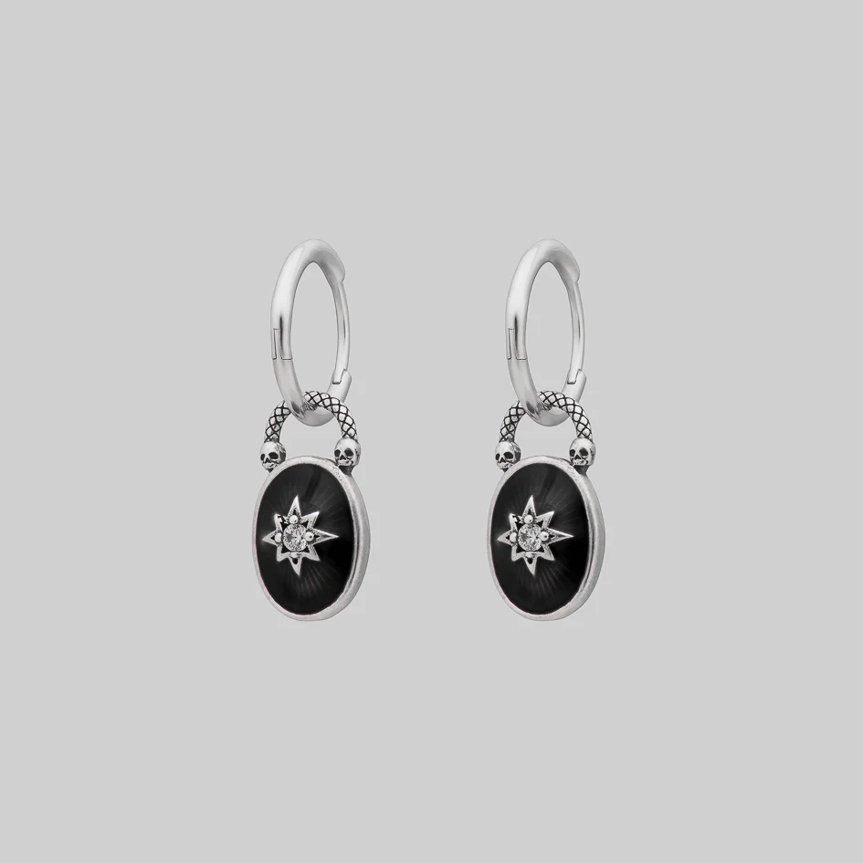 THE HEREAFTER. Black Enamel Oval Padlock Style Hoop Earrings - Silver - Image 3