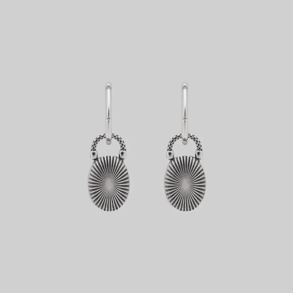 THE HEREAFTER. Black Enamel Oval Padlock Style Hoop Earrings - Silver - Image 4