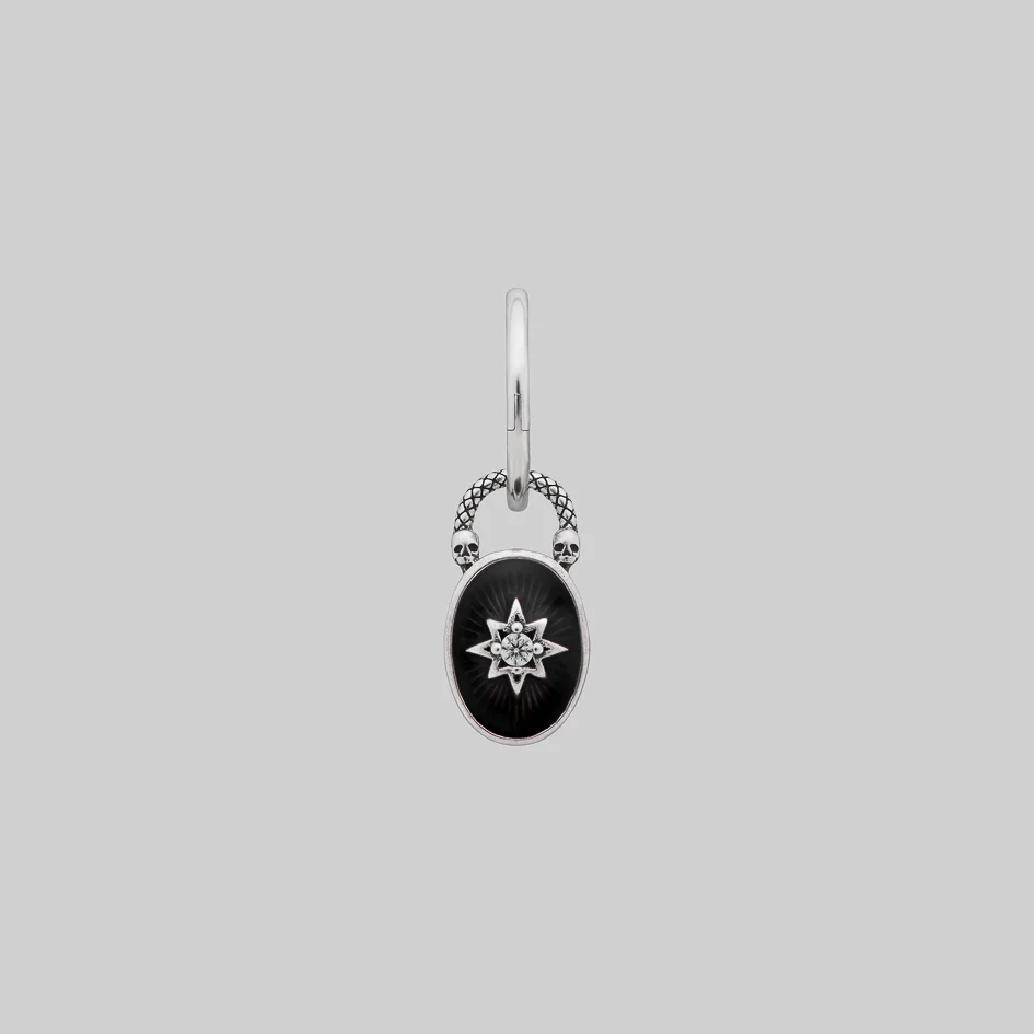 THE HEREAFTER. Black Enamel Oval Padlock Style Hoop Earrings - Silver - Image 5