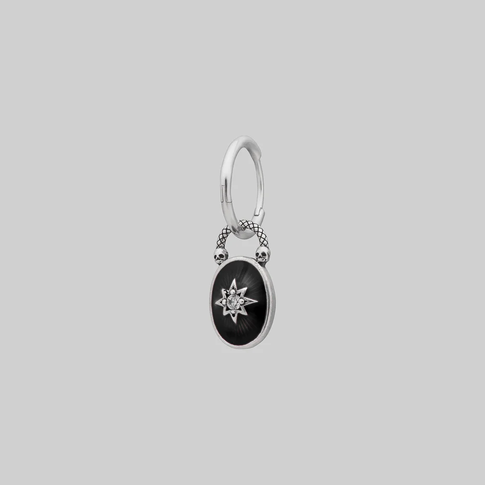 THE HEREAFTER. Black Enamel Oval Padlock Style Hoop Earrings - Silver - Image 6