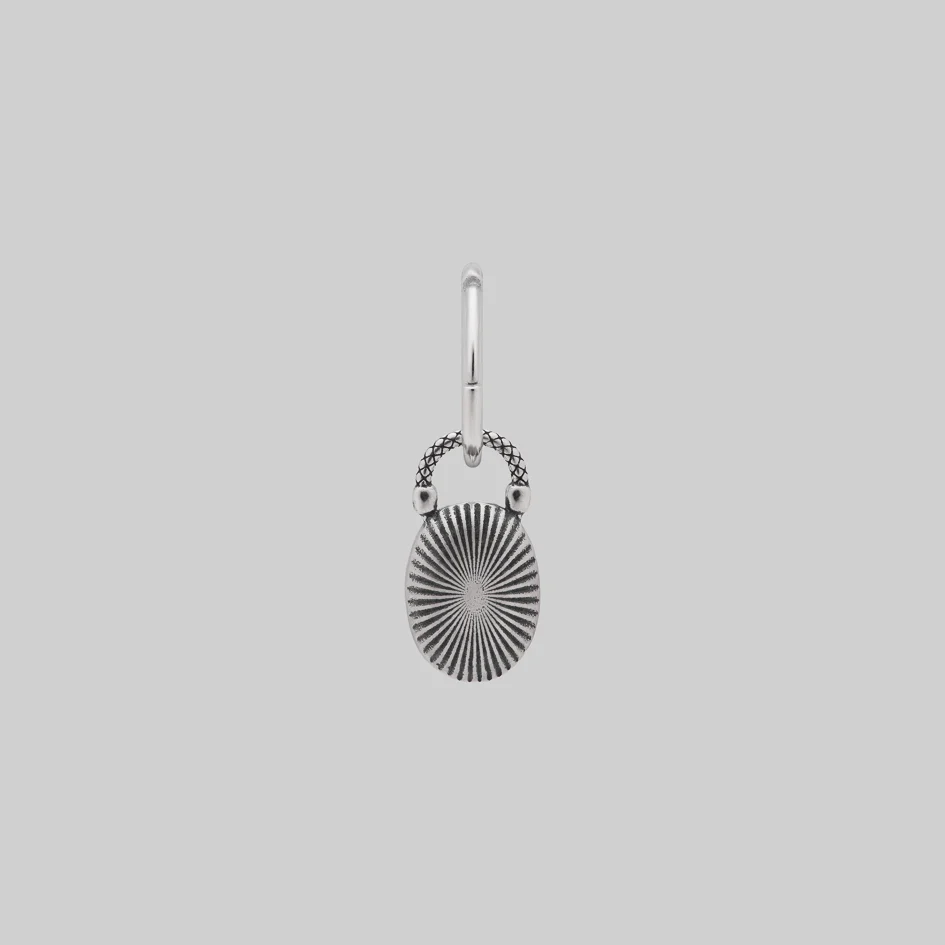THE HEREAFTER. Black Enamel Oval Padlock Style Hoop Earrings - Silver - Image 7