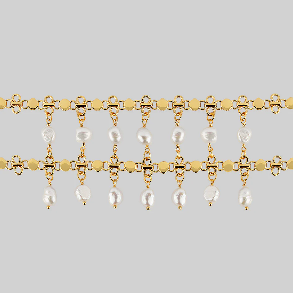 VALOUR. Double Chain Pearl Drop Choker - Gold