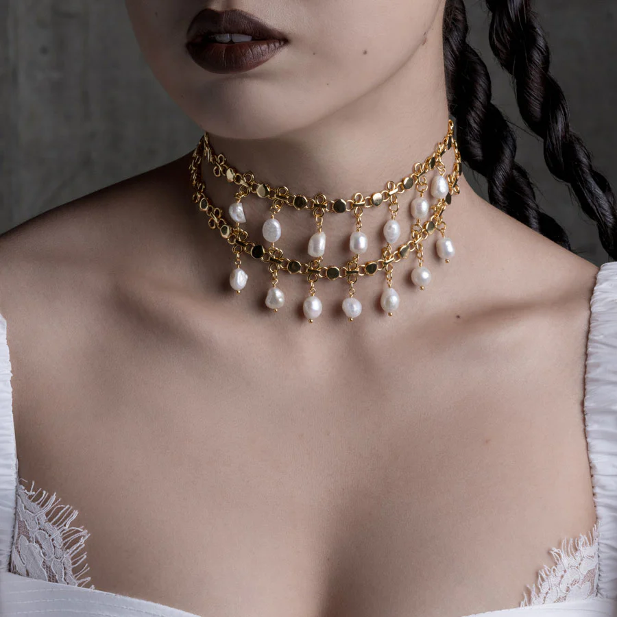 VALOUR. Double Chain Pearl Drop Choker - Gold - Image 2