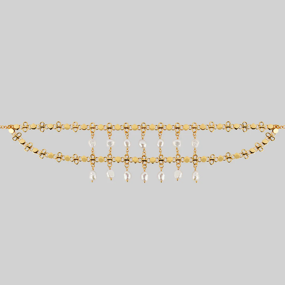 VALOUR. Double Chain Pearl Drop Choker - Gold - Image 3