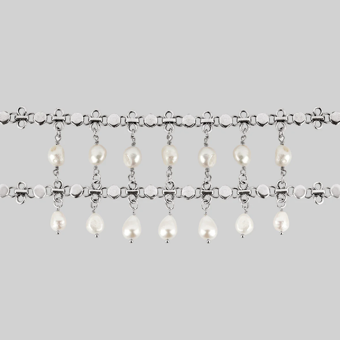 VALOUR. Double Chain Pearl Drop Choker - Silver - Image 2