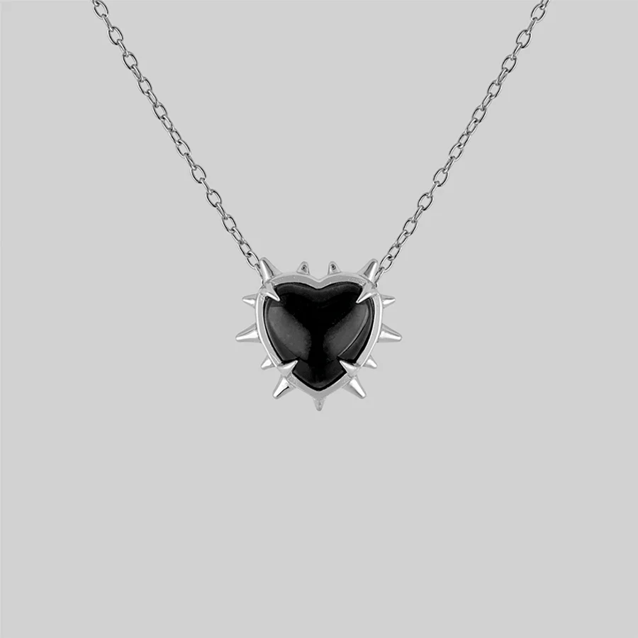 VOID. Spiked Black Glass Heart Necklace - Silver