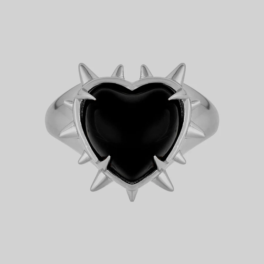 VOID. Spiked Black Glass Heart Ring - Silver