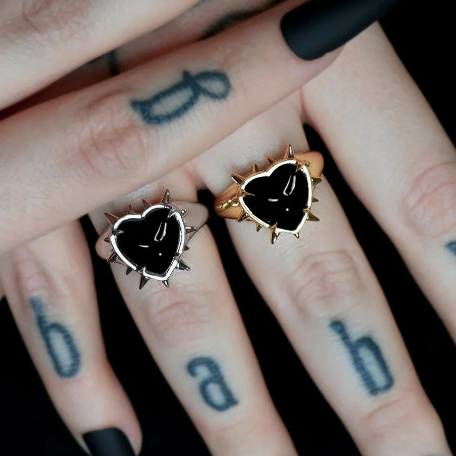 VOID. Spiked Black Glass Heart Ring - Silver - Image 2