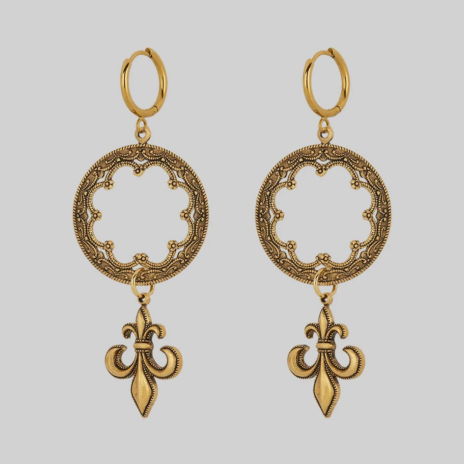 VOW. Gothic Fleur de Lis Hoop Earrings - Gold - Image 2