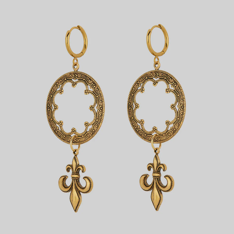 VOW. Gothic Fleur de Lis Hoop Earrings - Gold - Image 3