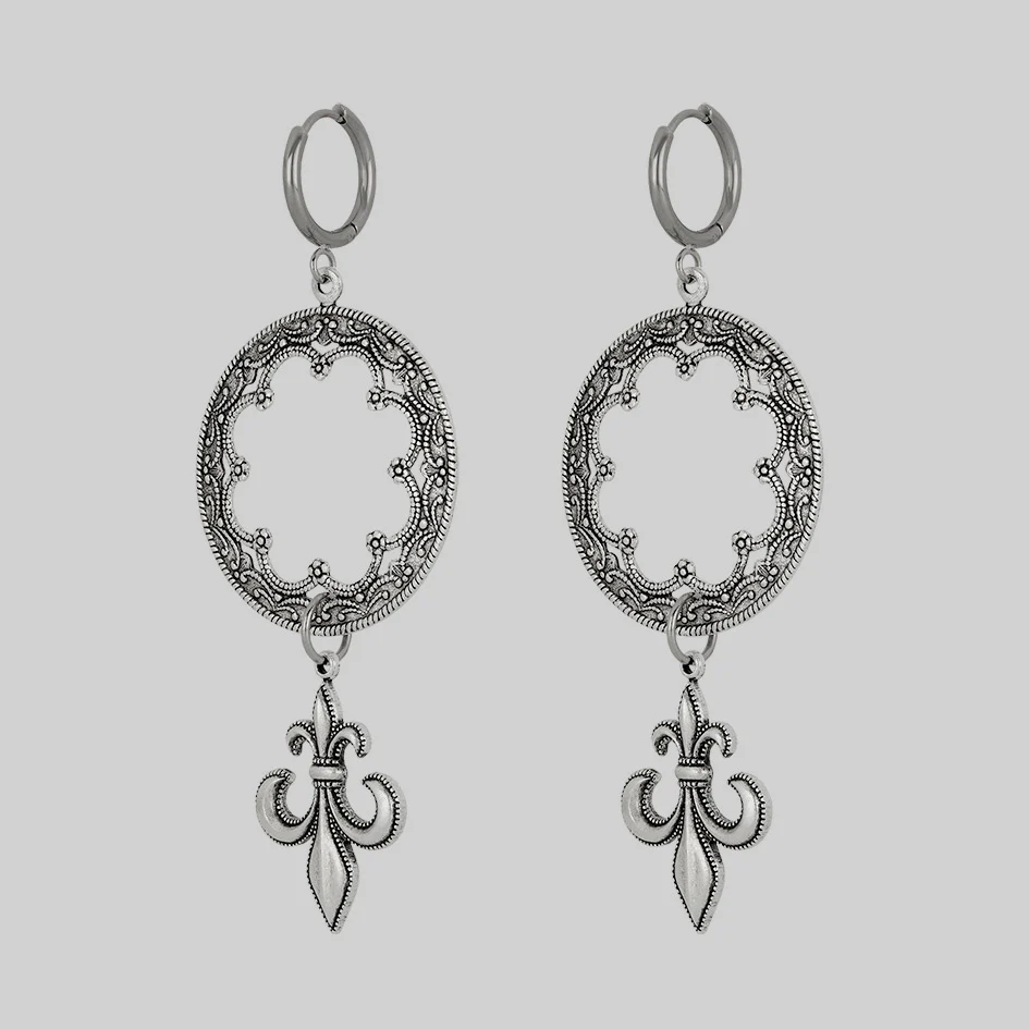 VOW. Gothic Fleur de Lis Hoop Earrings - Silver - Image 3