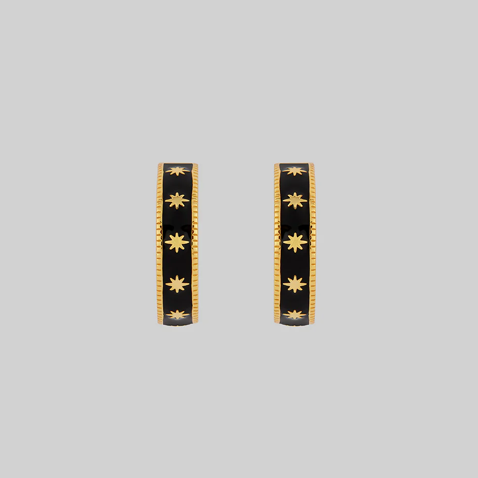 VYVIAN. Tiny Stars Black Enamel Hoop Earrings - Gold - Image 3