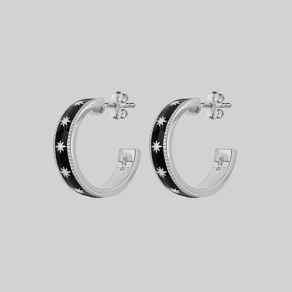 VYVIAN. Tiny Stars Black Enamel Hoop Earrings - Silver - Image 2