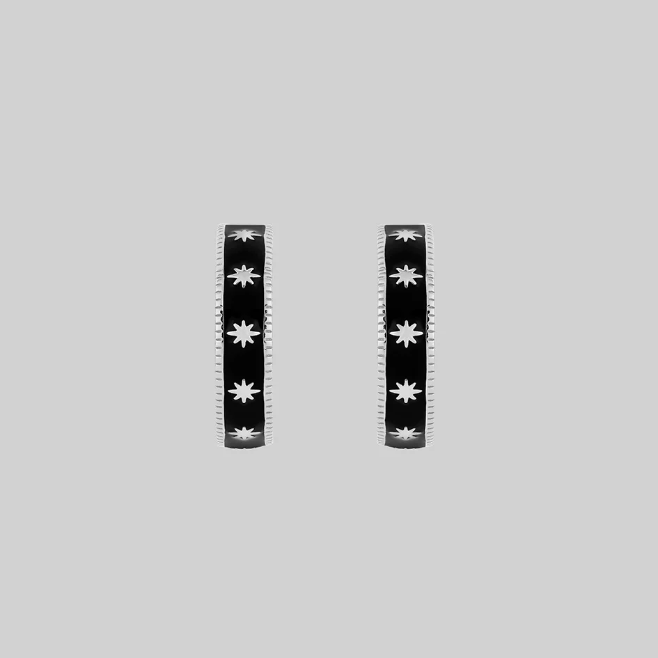 VYVIAN. Tiny Stars Black Enamel Hoop Earrings - Silver - Image 3